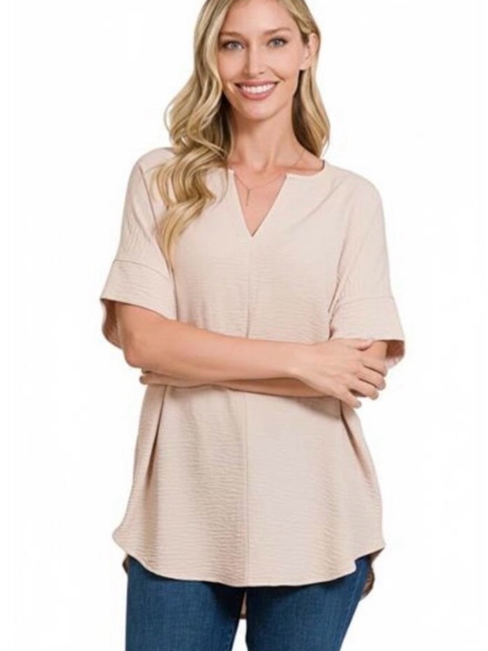 Zenana Outfitters Woven Airflow Split V-Neck Top